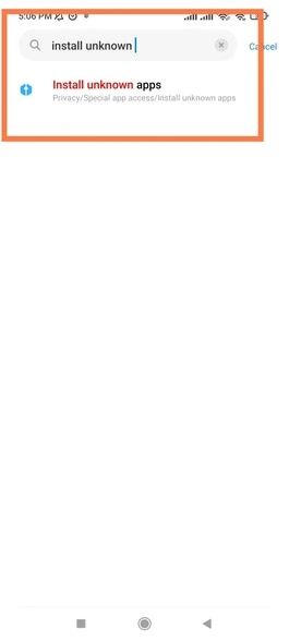 search install unknown apps option